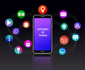 Internet of things concept. IOT web banner. Smartphone with colorful mobile app icons connected by lines isolated on black background. Template design for banner, poster, flyer or promotion