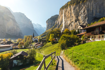 Lauterbrunned is the small village in valley with beautiful waterfall from the mountain