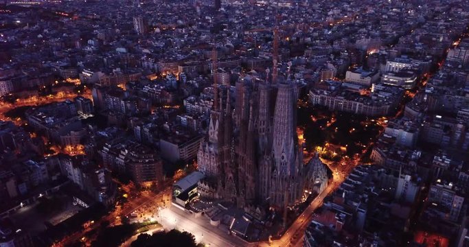 Barcelona, Spain - June 12, 2019: Temple Sagrada Familia at night from a drone. Barcelona