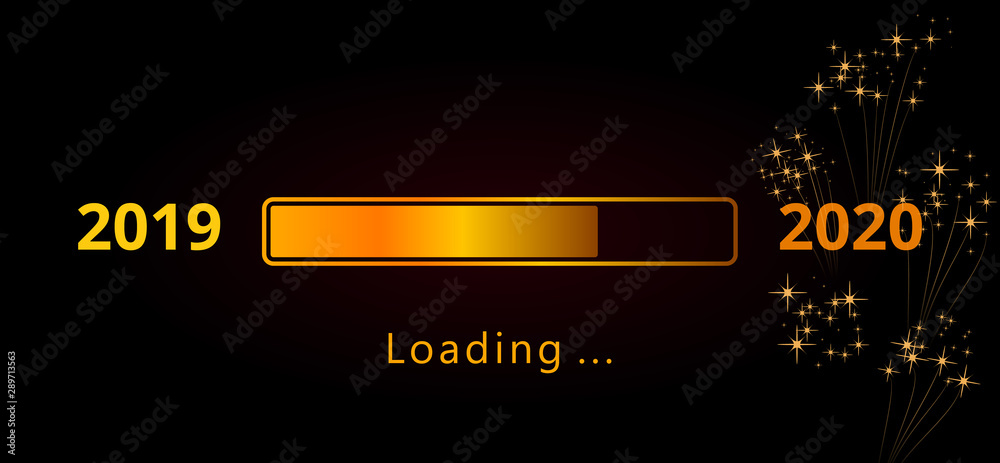 Wall mural 2020 happy new year gold loading progress bar with fireworks and sparkles isolated on black backgrou
