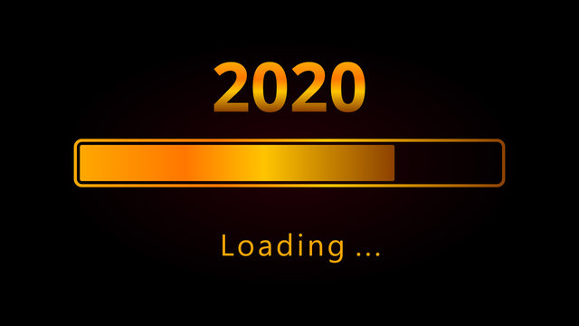 2020 Happy New Year orange loading progress bar isolated on black background. Holiday web banner, poster, greeting card or invitation, end of year template. Copy space..