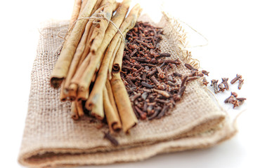 cloves and cinnamon on burlap sacks isolated white
