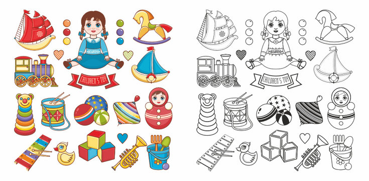 Drum, Pyramid, children's beach balls, Percussion, yellow duck for swimming, cubes, horn, doll, cubes, boat, train, bundle, tumbler, Peg to, roly poly,Humming top - Children's toy. Coloring book page