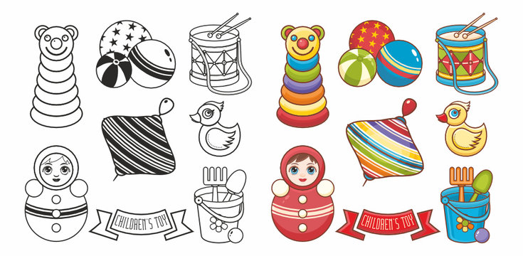 Baby toy.Roly Poly tumbler doll, Whirligig Humming top whirlabout Peg toy, top toy,yellow duck,pyramid, drum, kids play balls - Set toys.Children's toy. Design elements. illustration for coloring book