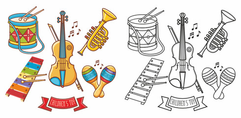 Musical instrument - Violin, drum, accordion, percussion, electric piano,  rhythmix, horn, saxophone, maracas. Cute cartoon musical instruments.Musical toy. Design elements set. Coloring book. Outline