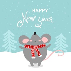Happy New Year greeting card with cute rat, symbol of 2020 year. Chinese New Year. Vector illustration.