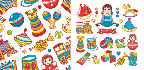 Drum, Pyramid, children's beach balls, Percussion, yellow duck for swimming, cubes, horn, doll, cubes, boat, train, bundle, tumbler, Peg to, roly poly,Humming top - Children's toy. Elements, seamless