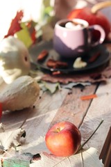 Cup of coffee, rose,  apple, pumpkins, leaves, spices on a wooden surface on a window background, home comfort concept, Thanksgiving, autumn season