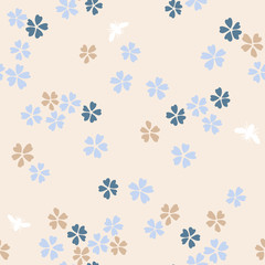 Vector botanical seamless pattern. Blooming small sakura flowers and bees. Simple plain daisies floral  background. Good for textile, fabric, fashion design and wallpaper,