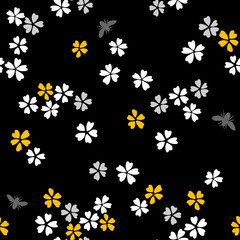 Fototapeta na wymiar Vector botanical seamless pattern. Blooming small sakura flowers and bees. Simple plain daisies floral background. Good for textile, fabric, fashion design and wallpaper,