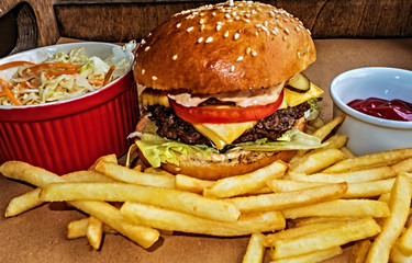 Fresh tasty burger french fries table