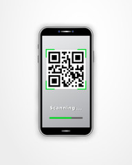 Scanning QR code using smartphone isolated on white background. Online shopping, mobile app, cashless technology concept.