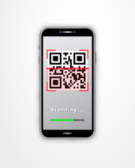 Smartphone with QR code scanner mobile app and loading bar isolated on white background. Payment, online shopping, mobile app, retail cashless technology concept.