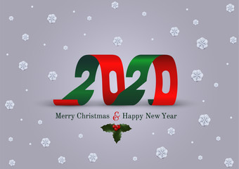 Merry Christmas and Happy New Year 2020 greeting card. Sign symbol 2020 spiral confetti. Decoration New Year's holly. Xmas vector illustration. Isolated on white background.