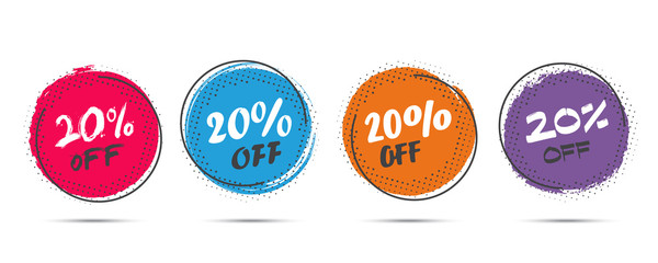 Set of grunge sticker with 20 percent off in a flat design with halftone. For sale, promotion, advertising
