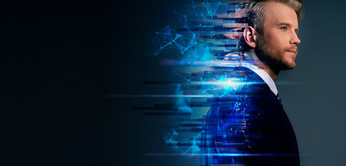 business technology business caucasian man filter effect double exposure night building smart system strategy ideas concept banner poster size