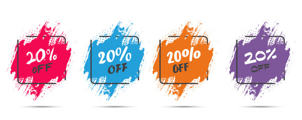 Set of grunge sticker with 20 percent off in a flat design with halftone. For sale, promotion, advertising