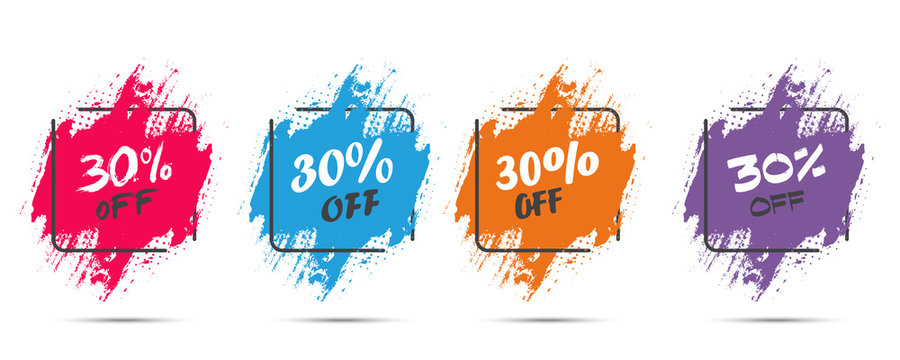 Set of grunge sticker with 30 percent off in a flat design with halftone. For sale, promotion, advertising