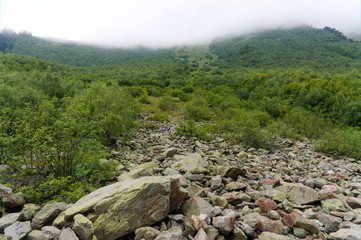 Mountain landscape, lake and mountain range. Dombay Teberda, raw original picture