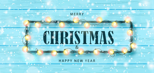 Merry Christmas and Happy New Year horizontal banner. Holiday background with garland and snow on a wooden background. Festive vector illustration.