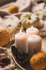 autumn cosy pumpkin, candles and autumn plants on window with led lights bokeh