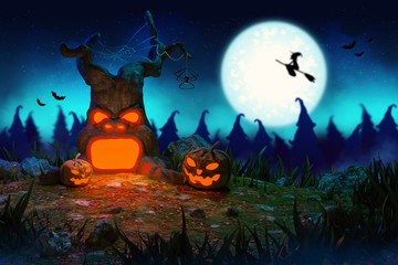 Creepy haunted scene of the Graveyard cemetery in the spooky full moon night with the devil tree and pumpkin monsters, 3d rendering illustration background for Halloween holiday concept.