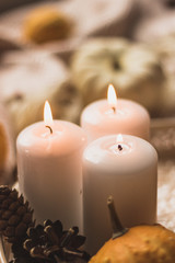 autumn cosy pumpkin, candles and autumn plants on window with led lights bokeh