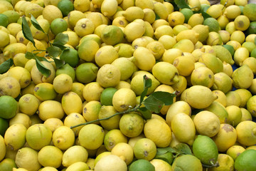 Green and yellow lemons, twigs on the counter of the market in Athens. Background of citrus.