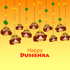 Happy Dussehra festival celebration background with funny face of Demon Ravana with his ten heads on ornament wooden effect background.can be used greeting cards design.