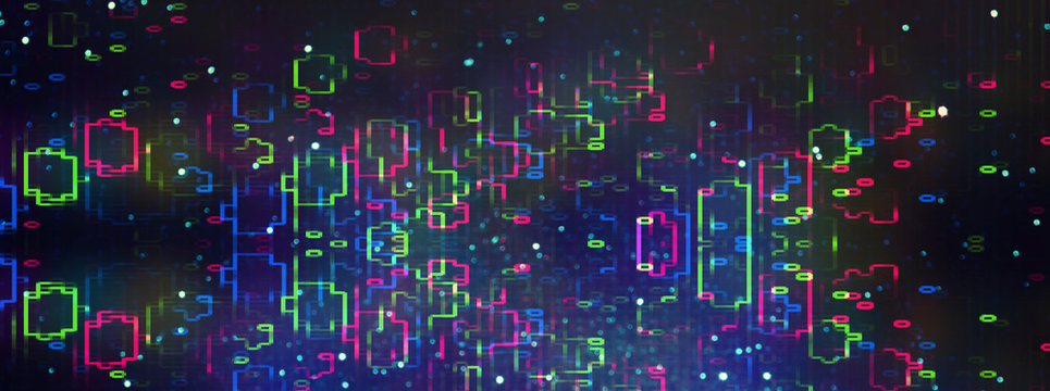 Futuristic background of the 80s retro style. Digital or Cyber Surface. neon lights and geometric pattern , test screen glitch