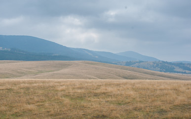 Fototapeta premium Hilly landscape in Serbia, Zlatibor. Beautiful view with hills, clouds, trees and wooden houses. Blue sky and grass. Beautiful plain. Foggy day and hills. Nature