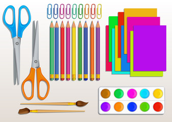 Set of realistic back to school supplies with colorful pencils, scissors, paint, paint brushes, paper clips and colored paper. Art and craft education elements design