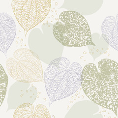Textured leaf shapes seamless pattern in muted tonal colors. Sophisticated style with natural greenery heart shaped leaves. Lovely for textiles and paper; pretty background for wedding invitations