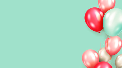 minimalist  Celebration background  Happy Valentines Day coral color background with realistic balloons and glitter gold green minimalist minimal gold