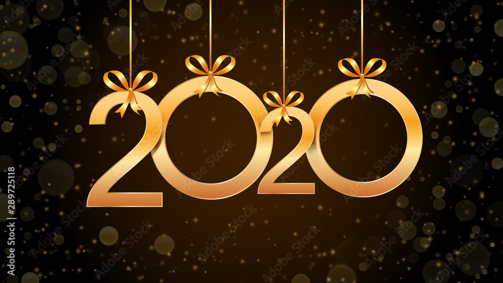 Wall mural 2020 happy new year abstract background with hanging golden numbers, glitter and bokeh effect. templ