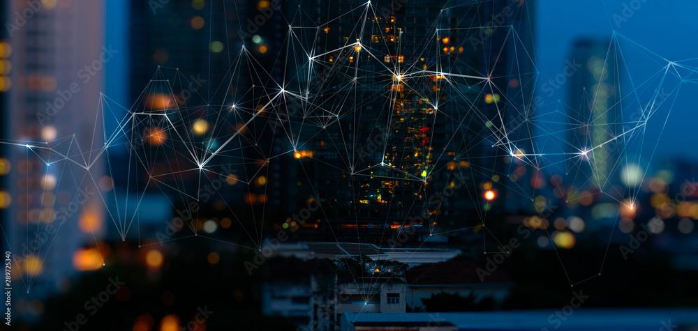 Poster wireless network and connection technology concept with abstract bangkok city background