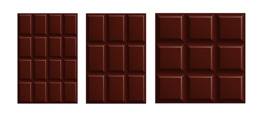 Dark bitter chocolate bars of different sizes set