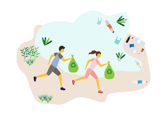 Concept plogging. Young people jog, collect garbage on the river, ocean. A girl and a guy run around with garbage bags, clean the nature of plastic and other waste. Flat vector illustration.