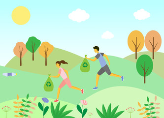 Plogging. Concept of jogging and garbage collection. Couple picking up litter during plogging eco-marathon, run through the forest, clean plastic bottles and other waste. Flat vector illustration.