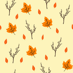 Obraz premium Vector seamless pattern with autumn leaves and branches. Endless print with yellow and orange leaves and tree branches