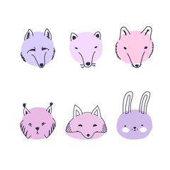 Vector illustration with set of doodle animals. Children hand drawn illustration with doodle pets. Bright color trendy design for print, textile, postcard, advertising, kid design