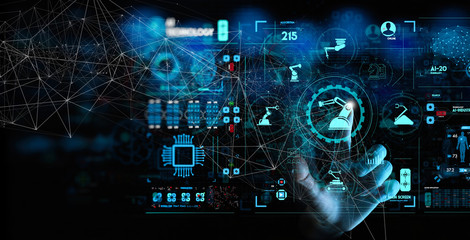 Engineer hand check and control welding robotics automatic arms icon with machine in intelligent factory automotive industrial with UI monitoring system software.