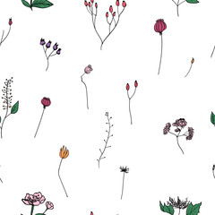 Vector seamless pattern with color ink flowers. Color ink flowers on white background.