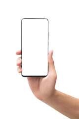 Male hand holding the black smartphone with blank screen isolated on white background with clipping path.