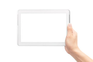 Male hand holding the white tablet pc computer with blank screen isolated on white background with clipping path.