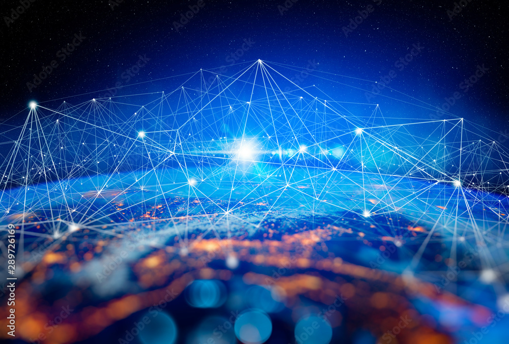 Aufkleber Communication technology for internet business. Global world network and telecommunication on earth cryptocurrency and blockchain and IoT. Elements of this image furnished by NASA