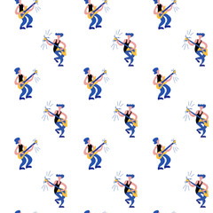 Fototapeta na wymiar Vector flat seamless pattern with doodle musicians. Endless print with hand drawn music band plays their instruments. Bright color trendy design for print, textile