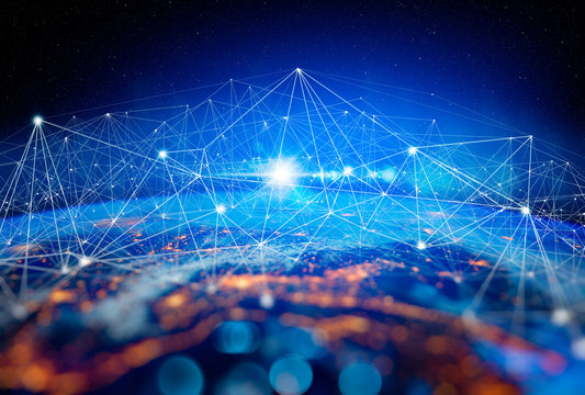 Communication technology for internet business. Global world network and telecommunication on earth cryptocurrency and blockchain and IoT. Elements of this image furnished by NASA