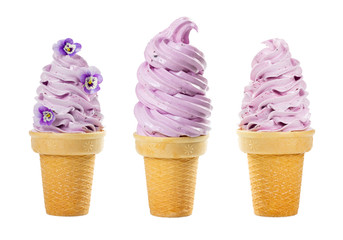 Set of soft fruit ice cream in waffle cup