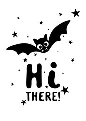 Black and white Halloween postcard with bats and hand written text